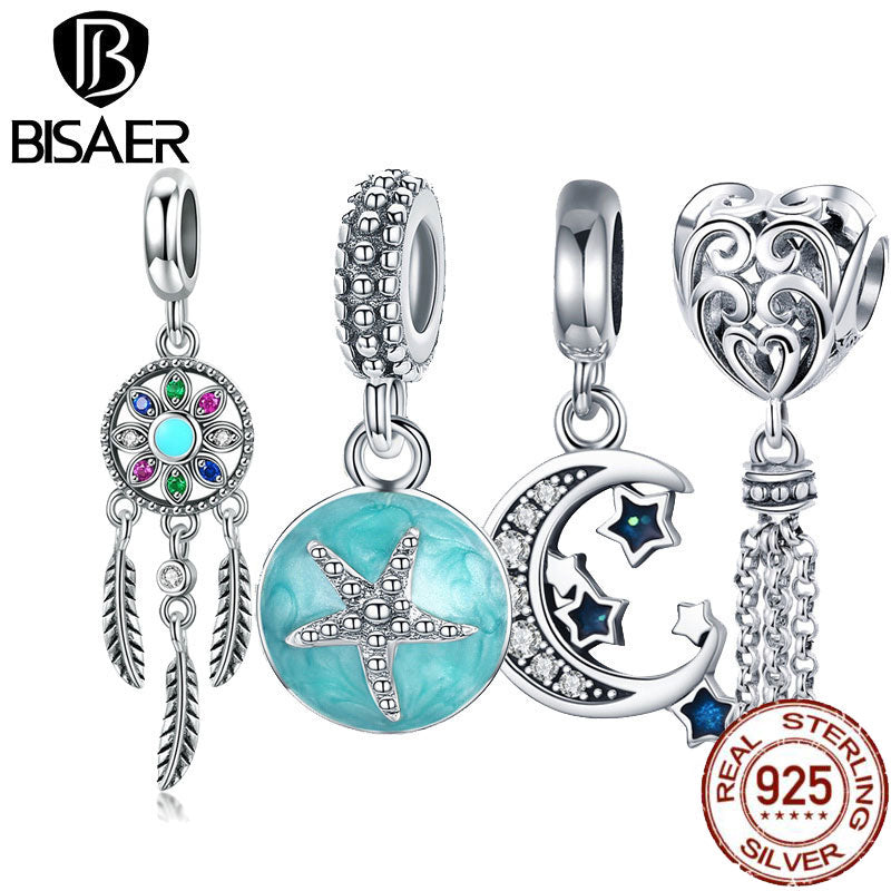 BISAER Starfish Moon Charms 925 Sterling Silver Summer Sea Starfish Moon STARS Pendants Charms Fit Bracelet Beads Jewelry Making