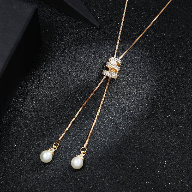 High Quality Fashion Metal Silver Long Tassel Rhinestone Crystal Pearl Long Chain Necklace Sweater Patry Necklace Jewelry