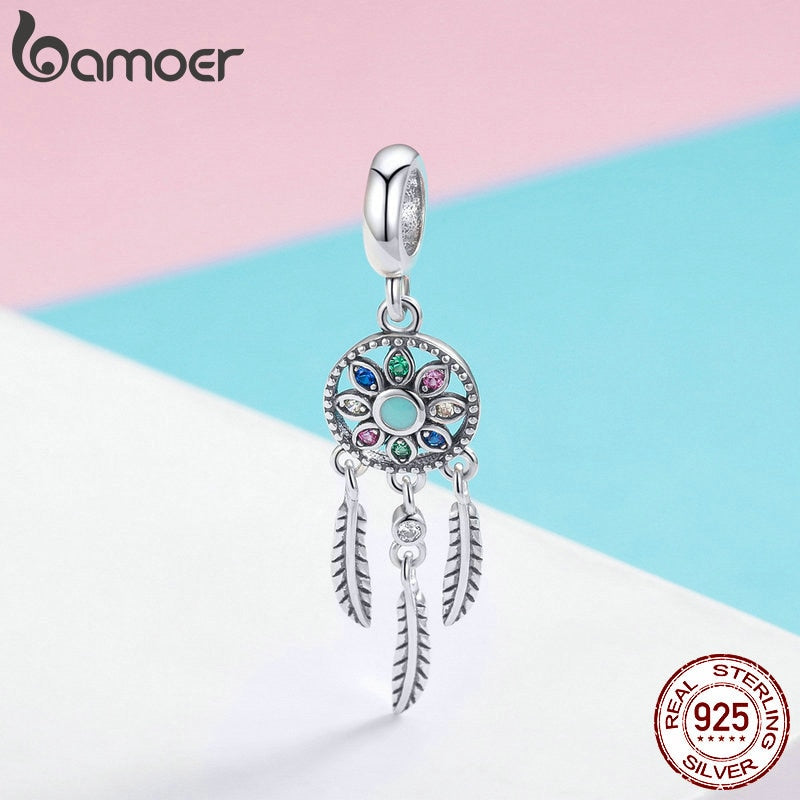 bamoer Authentic 925 Sterling Silver Bohemian Dream Catcher Pendant Charm fit Bracelet Necklace Silver DIY Jewelry Making SCC961