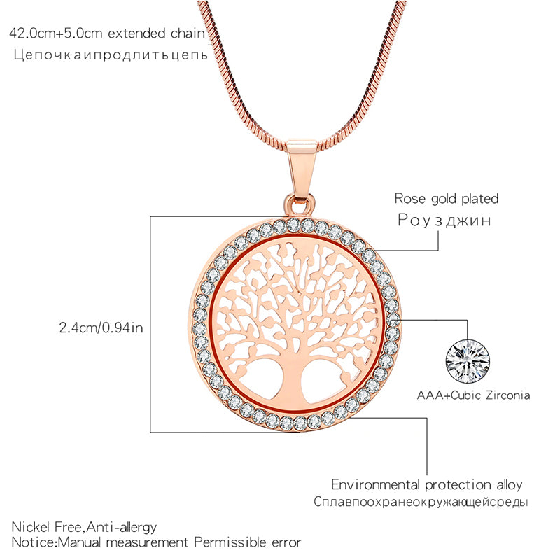 Hot Tree of Life Crystal Round Small Pendant Necklace Gold Silver Colors Bijoux Collier Elegant Women Jewelry Gifts Dropshipping