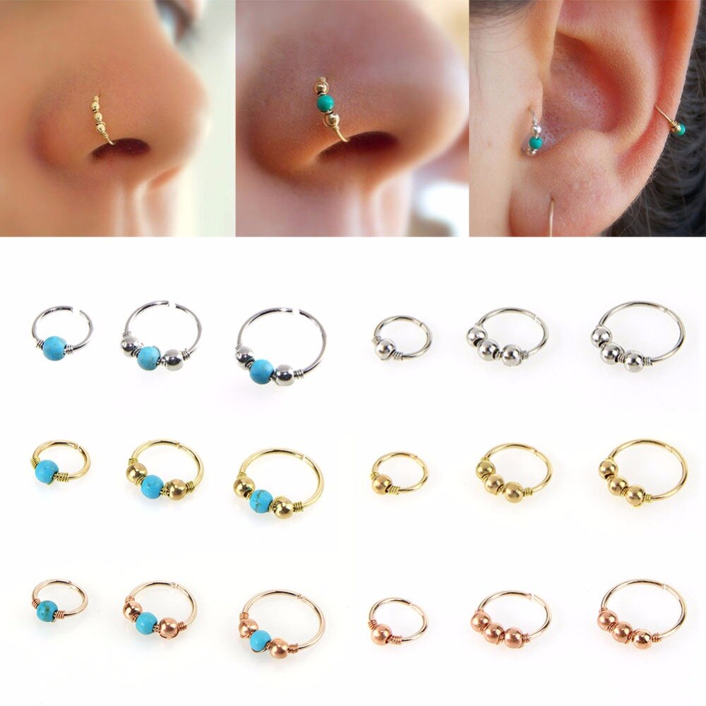 3Pcs/Set Fashion Retro Round Beads Nose Ring Nostril Hoop Body Piercing Jewelry #248359