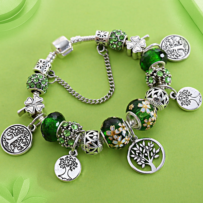 Dropshipping HOT Silver Tree of Life Fashion Bead Bracelet Green Leaf Floral Crystal Charms Bracelet & Bangle Pulsera Jewelry