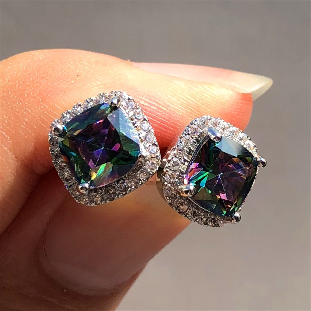 Luxury Female Crystal Zircon Stone Earrings Fashion 925 Sterling Silver Filled Jewelry Vintage Double Stud Earrings For Women