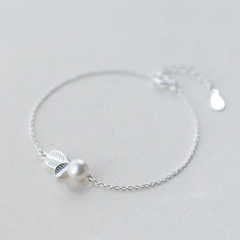 ANENJERY 925 Sterling Silver Jewelry Sets  Bud Leaf Simulated Pearl Necklace+Earrings+Bracelet For Women Korean Jewelry