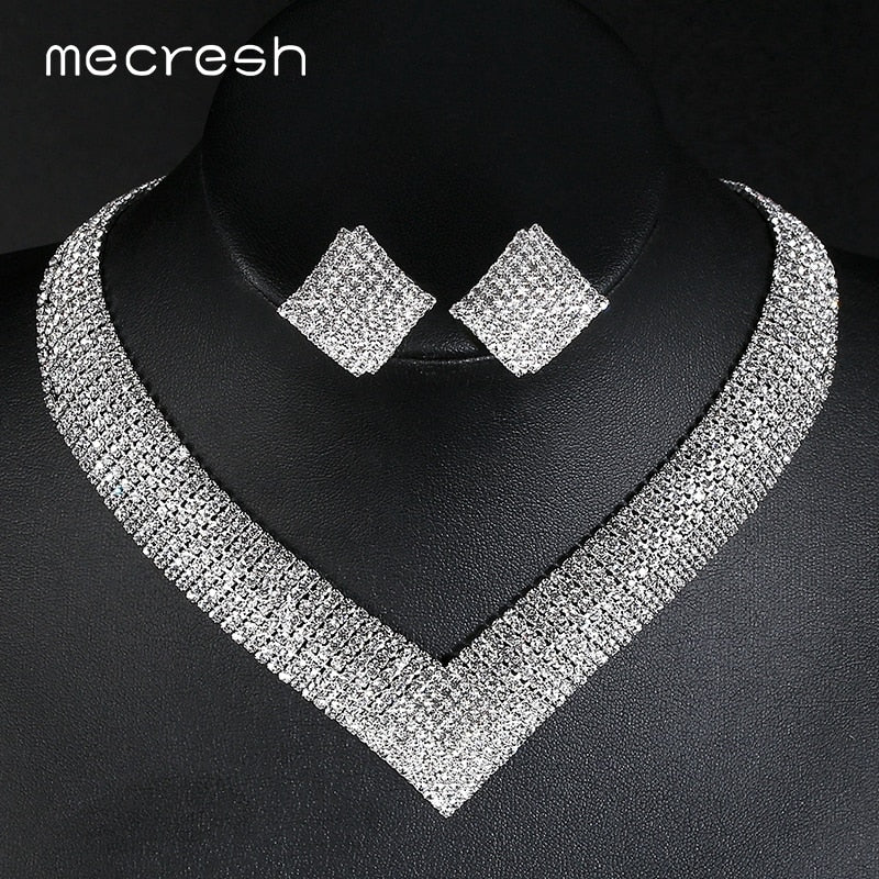 Mecresh Crystal Bridal Wedding Jewelry Sets African Beads Silver Color Rhinestone Women Necklace Sets Engagement Jewelry MTL475