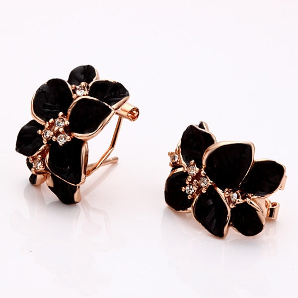 Fashion Rose Flower Enamel Jewelry Set Rose Gold Color Black Painting Bridal Jewelry Sets for Women Wedding 82606