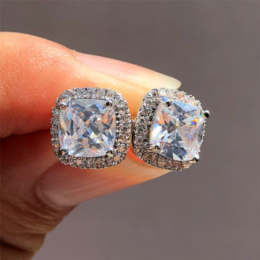 Luxury Female Crystal Zircon Stone Earrings Fashion 925 Sterling Silver Filled Jewelry Vintage Double Stud Earrings For Women