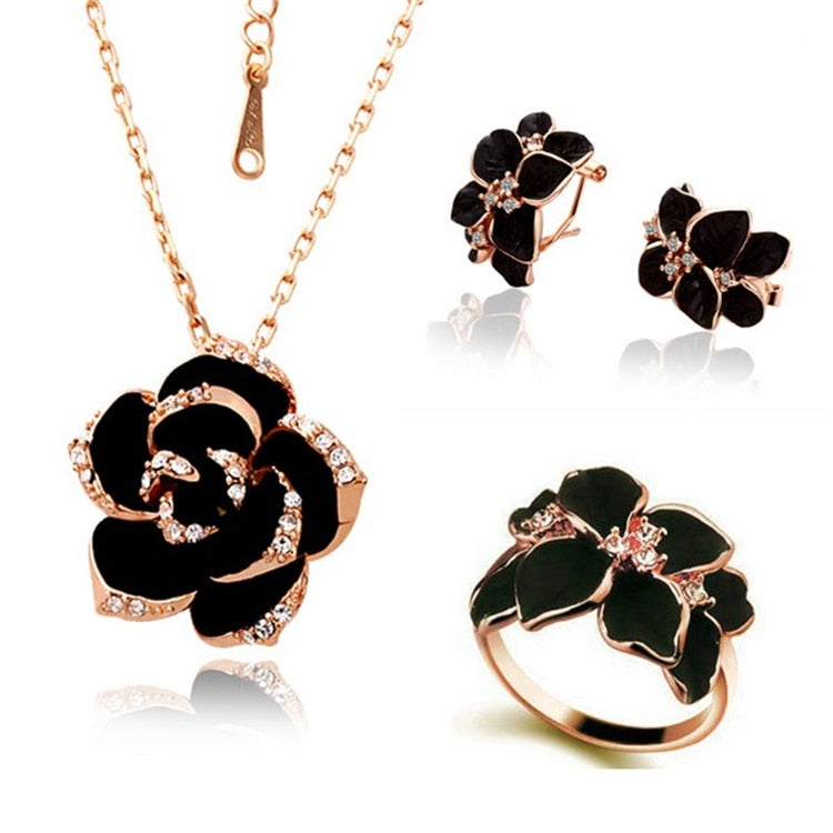 Fashion Rose Flower Enamel Jewelry Set Rose Gold Color Black Painting Bridal Jewelry Sets for Women Wedding 82606