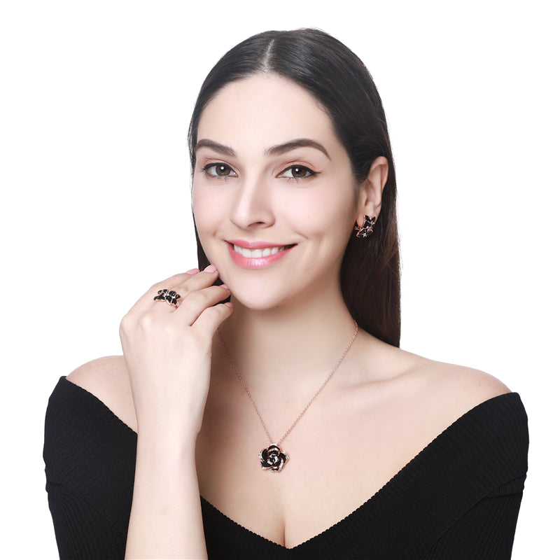 Fashion Rose Flower Enamel Jewelry Set Rose Gold Color Black Painting Bridal Jewelry Sets for Women Wedding 82606