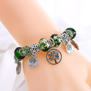 Dropshipping HOT Silver Tree of Life Fashion Bead Bracelet Green Leaf Floral Crystal Charms Bracelet & Bangle Pulsera Jewelry