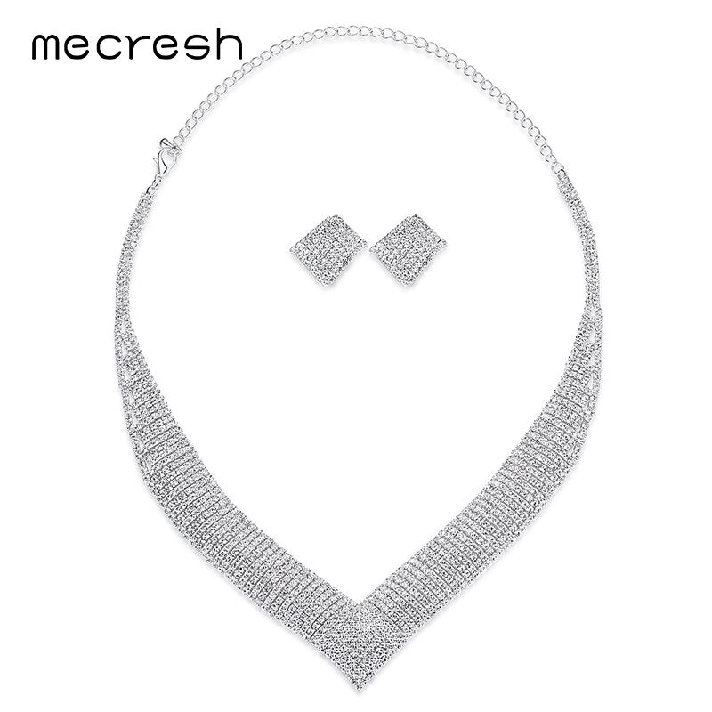 Mecresh Crystal Bridal Wedding Jewelry Sets African Beads Silver Color Rhinestone Women Necklace Sets Engagement Jewelry MTL475