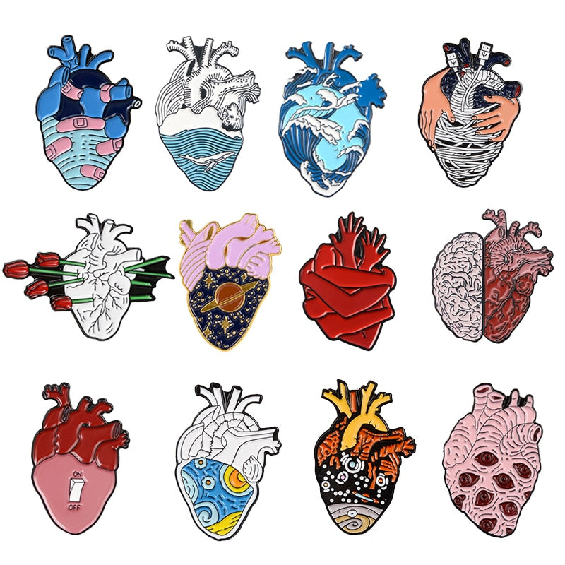 19style Anatomical Heart Enamel Pins Medical Anatomy Brooch Heart Neurology Pins for Doctor and Nurse Lapel Pin Bags Badge Gifts