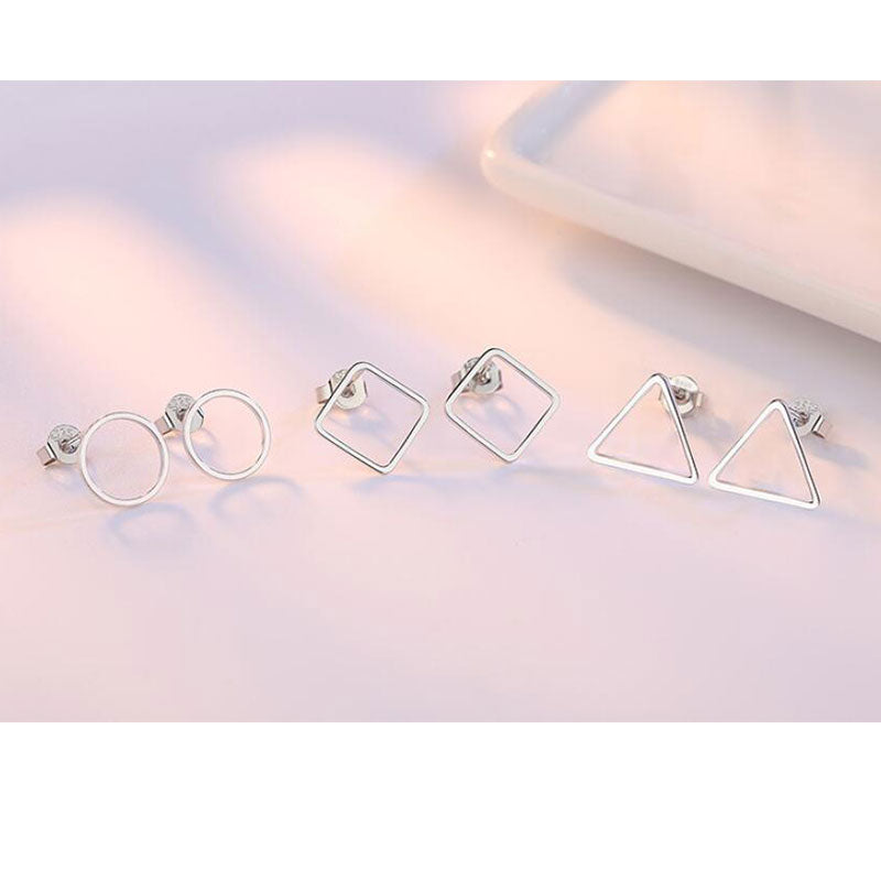 Anenjery 925 Sterling Silver Hollow Geometric Circle Square Triangle Stud Earrings For Women Silver 925 Jewelry Oorbellen S-E535