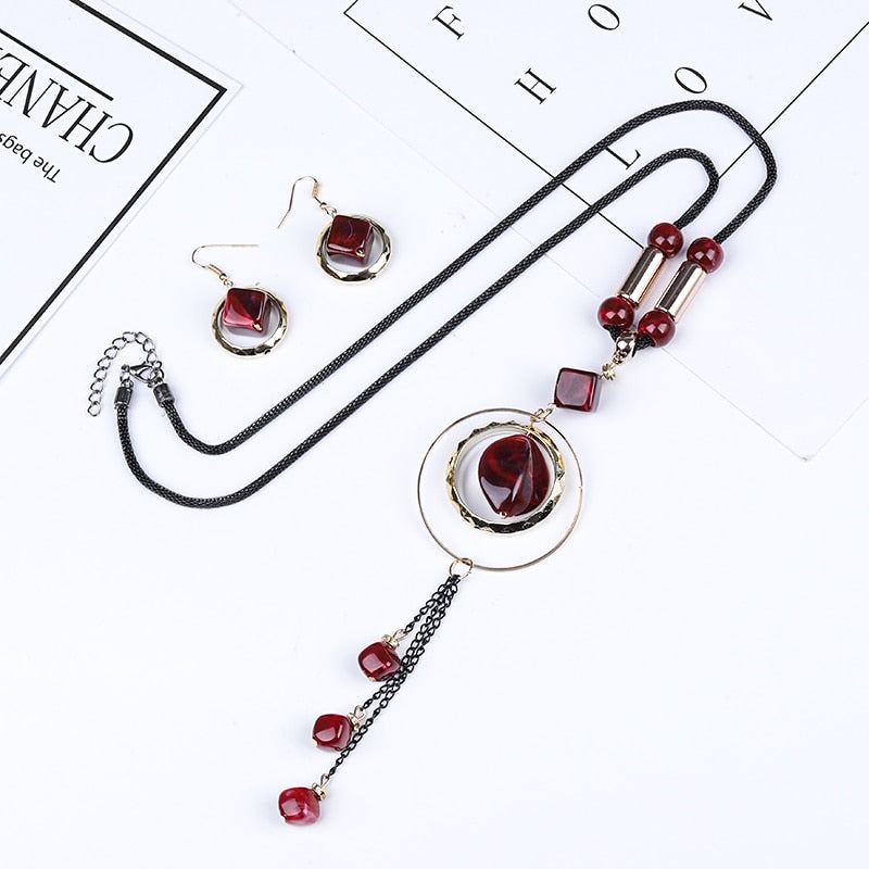 Crazy Feng Luxury AcrylicWedding Jewelry Sets For Women Red Blue Long Round Tassel Pendant Necklace Drop Earrings Sets Gift