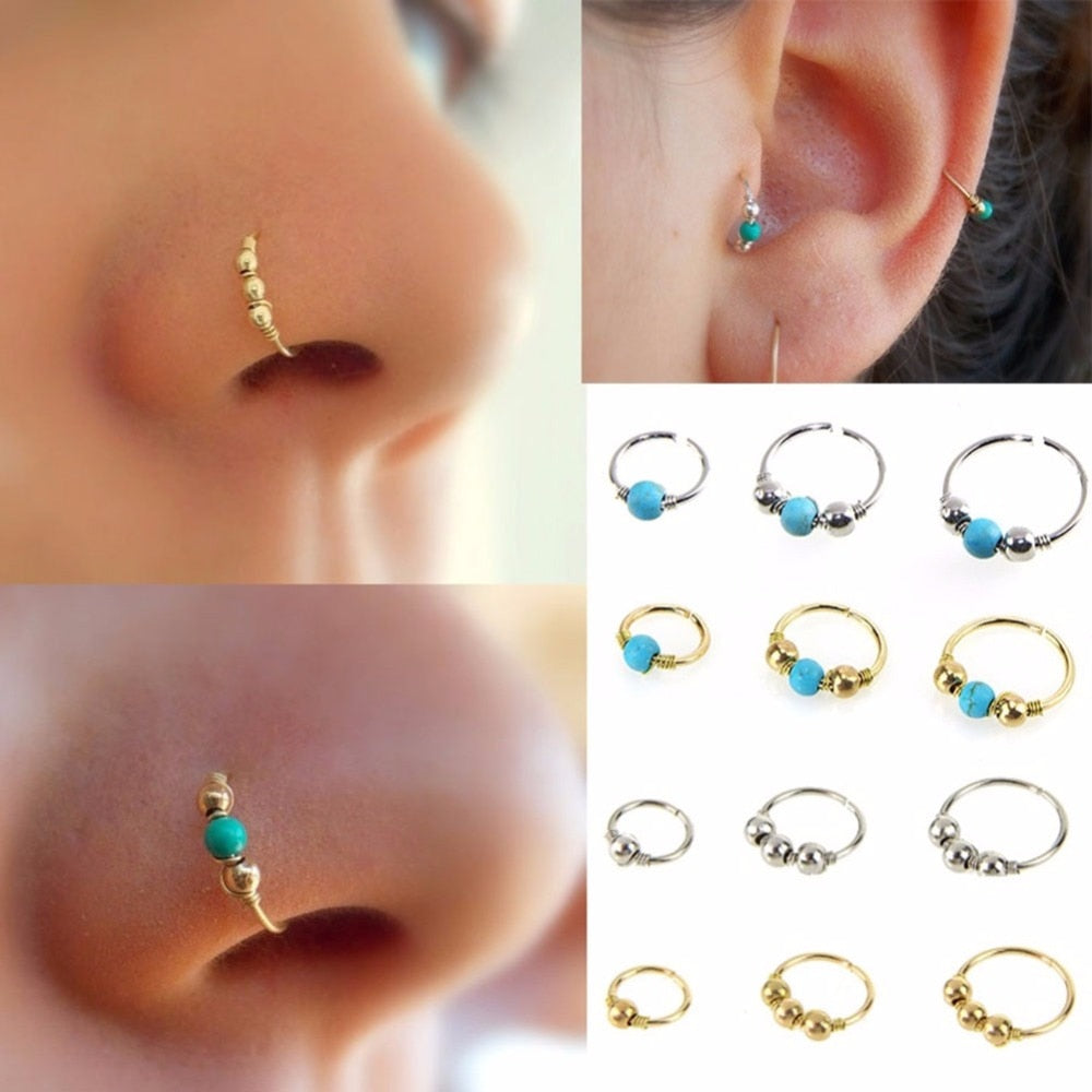 3Pcs/Set Fashion Retro Round Beads Nose Ring Nostril Hoop Body Piercing Jewelry #248359