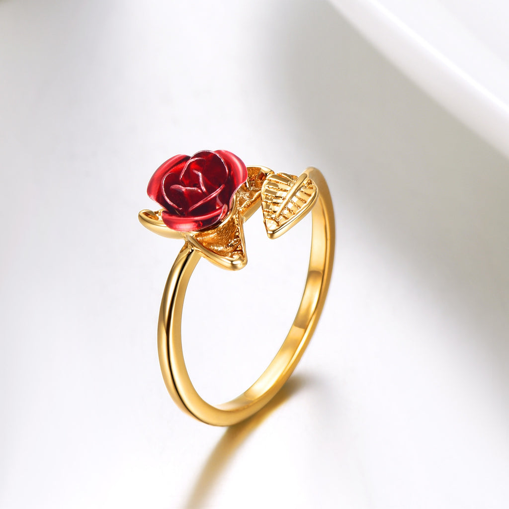 Red Rose Garden Flower Leaves Resizable Gold Finger Rings Valentine's Day Gift Jewelry Hot Sale 2019 Open Rings for Women