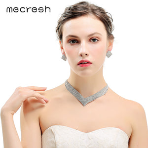 Mecresh Crystal Bridal Wedding Jewelry Sets African Beads Silver Color Rhinestone Women Necklace Sets Engagement Jewelry MTL475