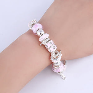 ZOSHI Pink Crystal Charm Silver Bracelets & Bangles for Women With Aliexpress Murano Beads Silver Bracelet Femme Jewelry