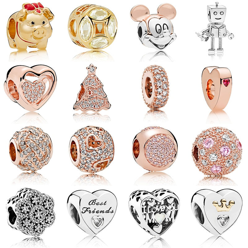 16 Style New Fashion Silver Color Bead Rose Gold Hollow Love Luck Pig Crystal Bead For DIY Pandora Charms Bracelets & Bangles