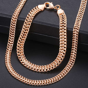 Men Women's Jewelry Set 585 Rose Gold Bracelet Necklace Set Double Curb Cuban Weaving Bismark Chain 2018 Wholesale Jewelry KCS04