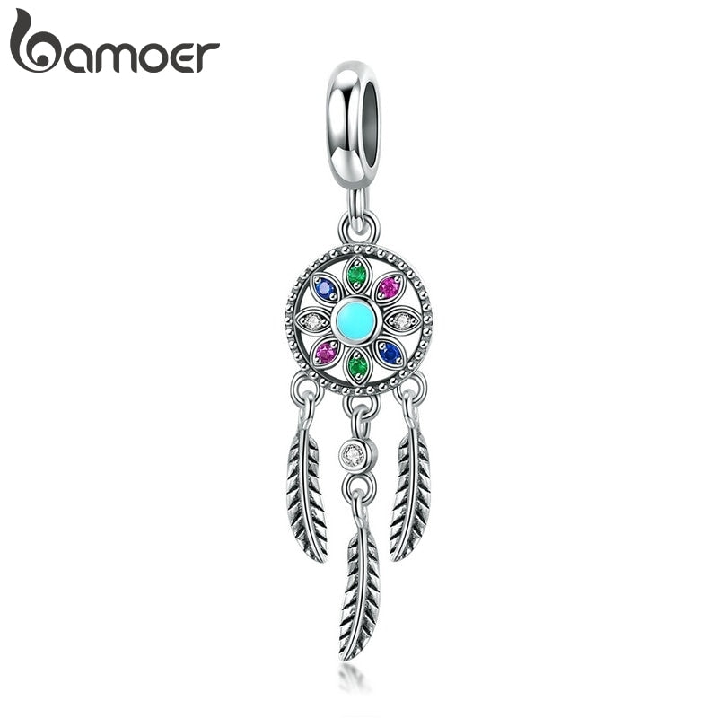 bamoer Authentic 925 Sterling Silver Bohemian Dream Catcher Pendant Charm fit Bracelet Necklace Silver DIY Jewelry Making SCC961