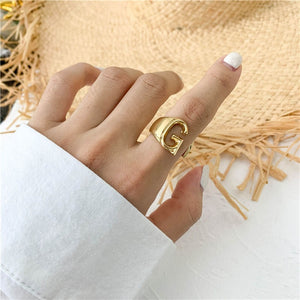 SRCOI Hollow A-Z Letter Gold Color Metal Adjustable Opening Ring Initials Name Alphabet Female Party Personalized Party Jewelry