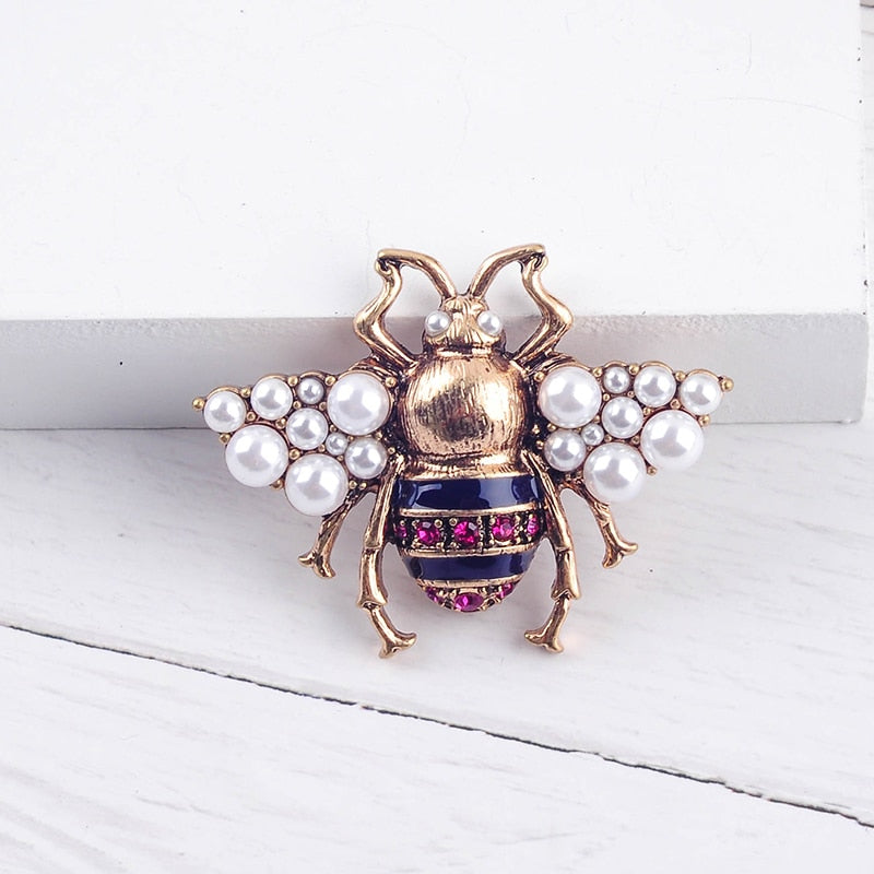 Bohemia  New Tendency Fashion Imitation Pearls Red/White Color Glass Bee Insect Brooch For Women Statement Jewelry Wholesale