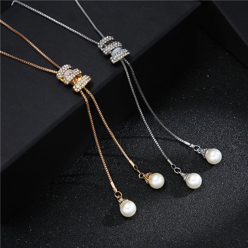 High Quality Fashion Metal Silver Long Tassel Rhinestone Crystal Pearl Long Chain Necklace Sweater Patry Necklace Jewelry