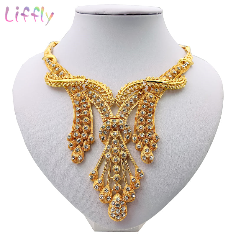 LIFFLY Dubai Jewelry Sets Big Necklace Classic Water Drop Shape Bracelet Earrings Ring for Women Wedding Jewelry Sets for Bride