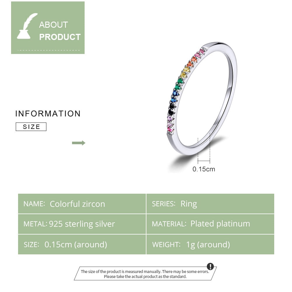 bamoer Rainbow Color CZ Finger Rings for Women Stackable Match Joker Wedding Statement Sterling Silver 925 Jewelry SCR583